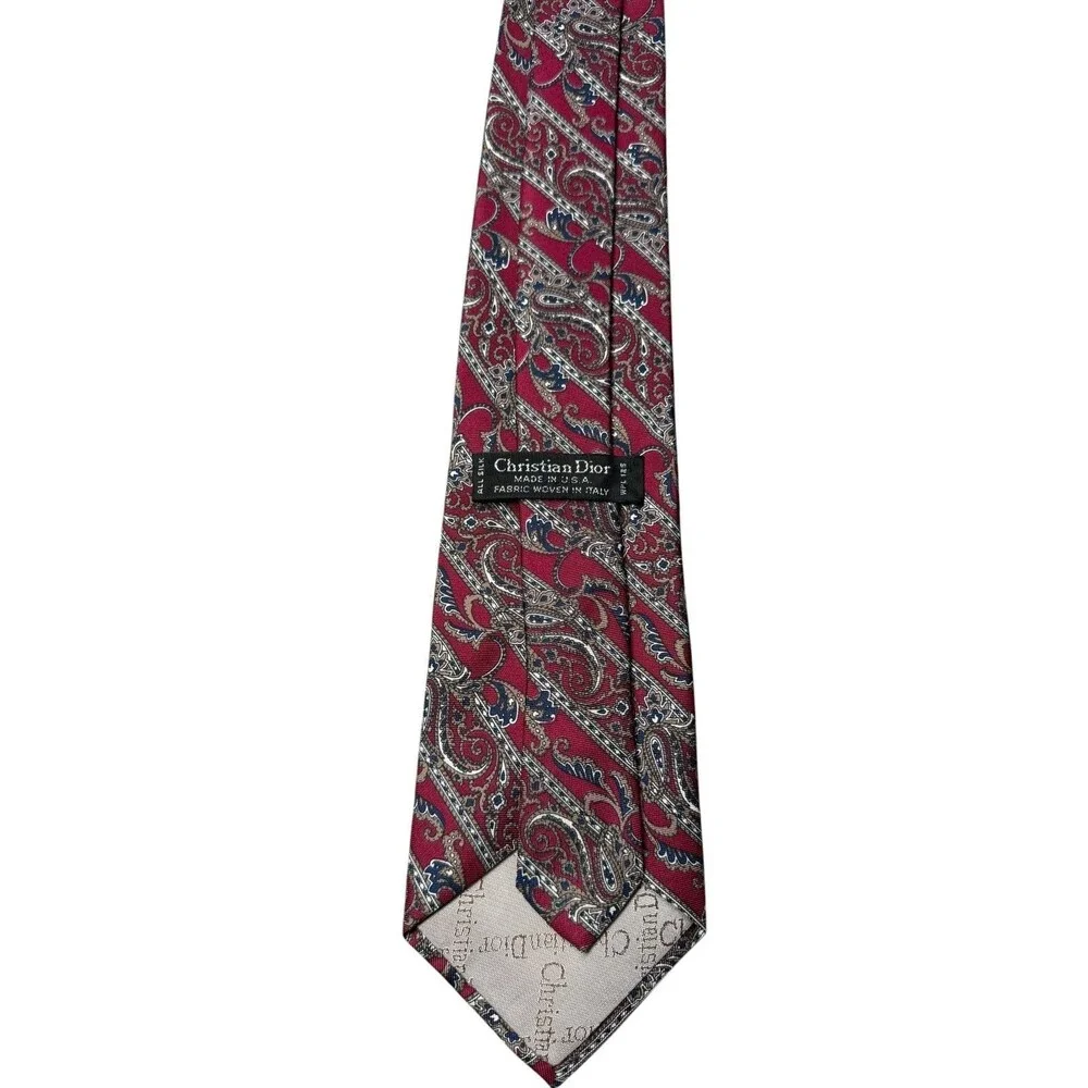 Christian Dior Paisley Silk Necktie Burgundy Navy Vintage Designer Men's